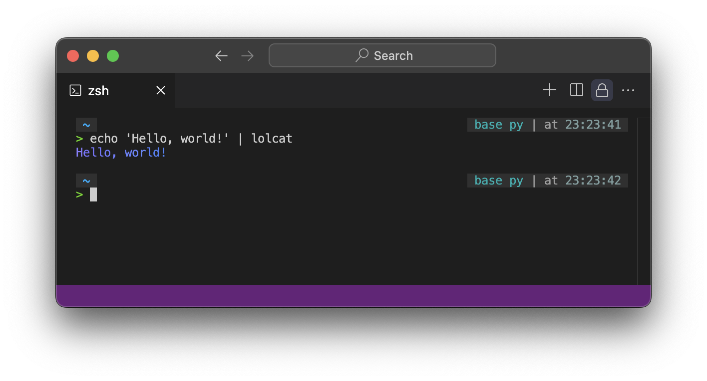 Screenshot of terminal session with a colorful 'Hello, world!' message