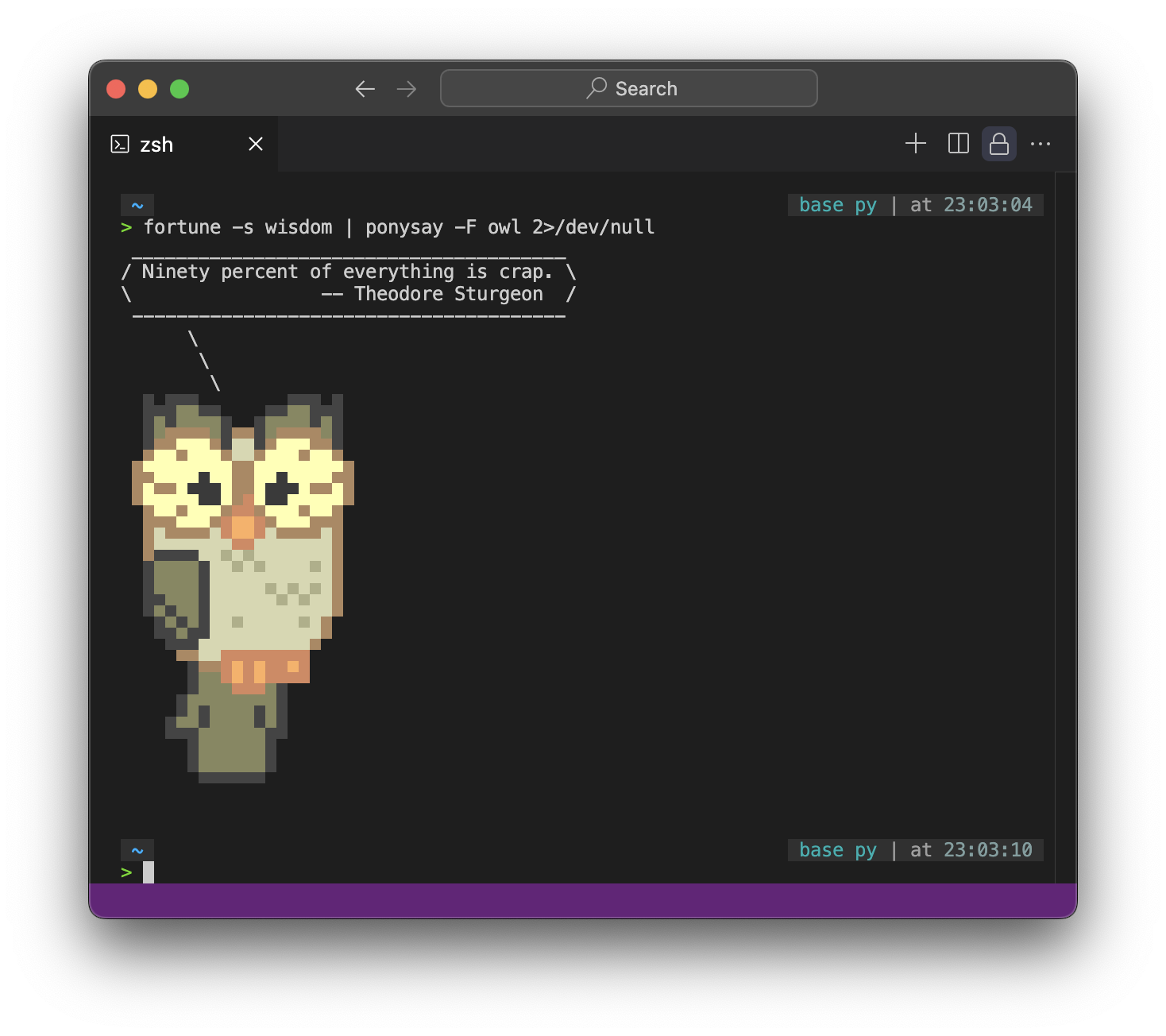 Screenshot of terminal session in which owl says 'Ninety percent of everything is crap.' -- Theodore Sturgeon